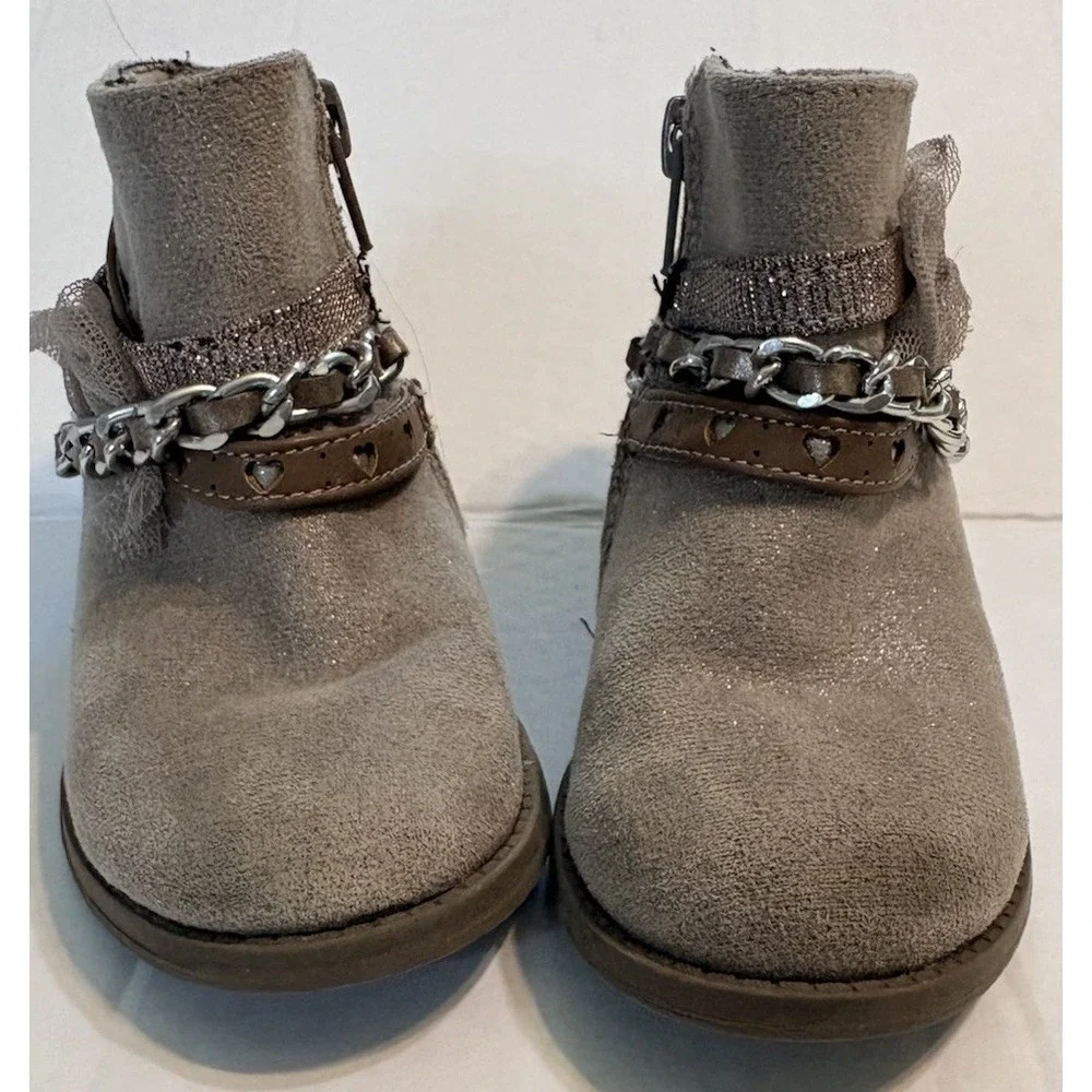 Crown Vintage Girls Gray Ankle Boots US 7M Zip Bow Chain Glitter Ankle Strap